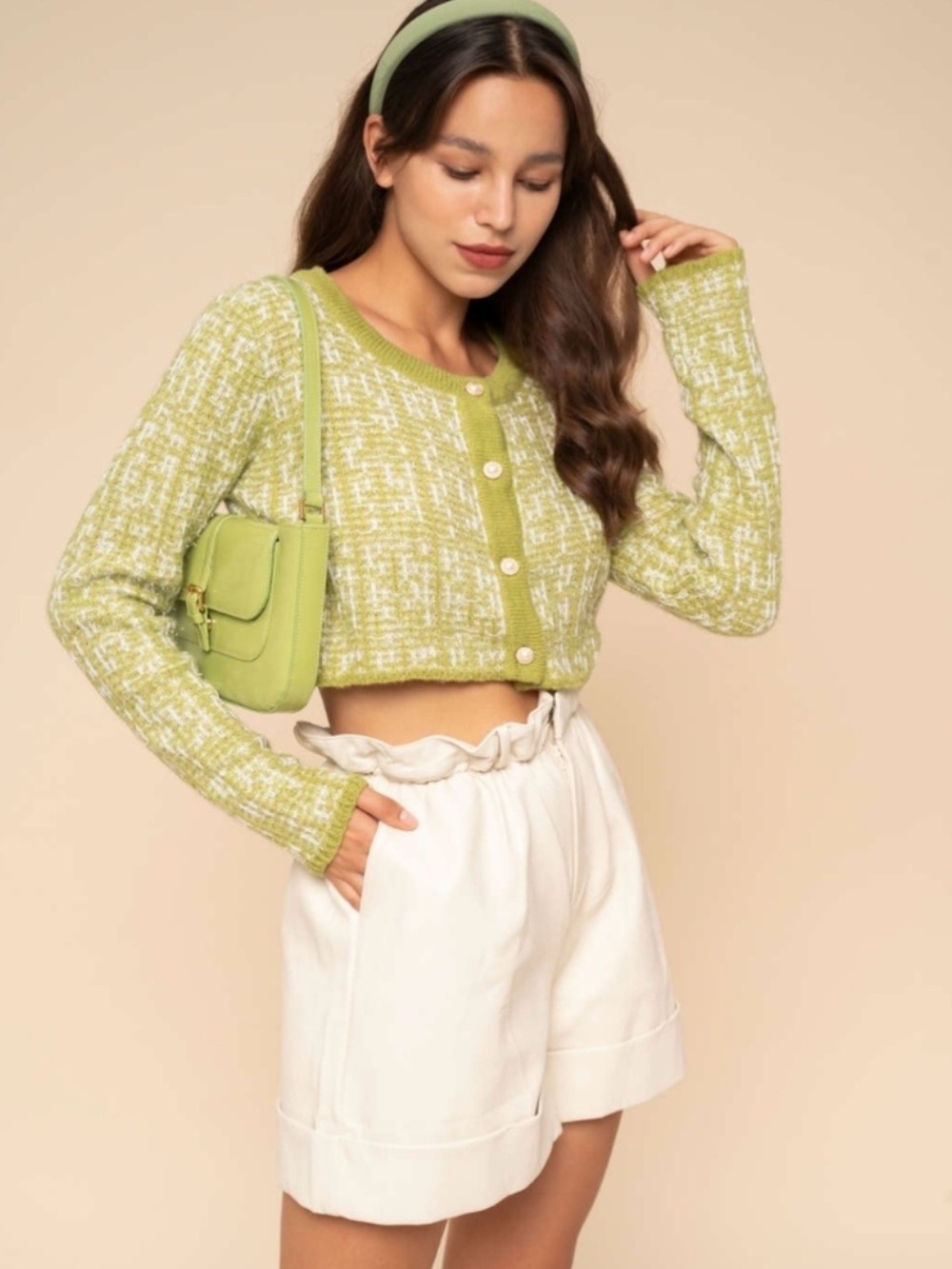 Cider Green Tweed Style Cropped Cardigan Pearl Buttons Soft Knit